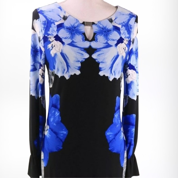 Calvin Klein Beautiful BLUE Floral Bell Long Sleeve Dress SZ 6 - Picture 3 of 7